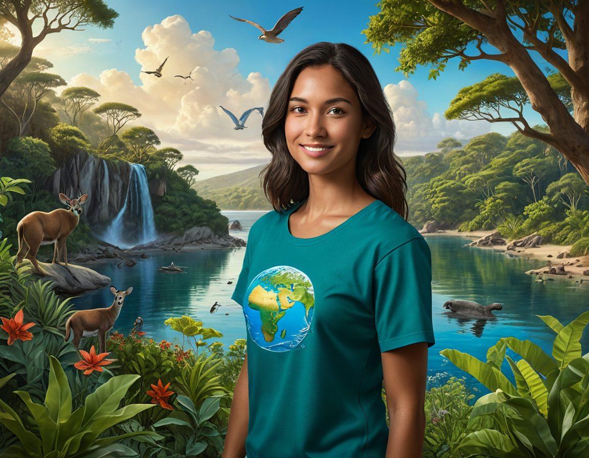 A vibrant illustration of a diverse ecosystem showcasing endangered species, surrounded by lush greenery. In the foreground, a dedicated conservationist holds an IUCN flag, symbolizing efforts to prevent extinction. In the background, various habitats like oceans, forests, and deserts are depicted with healthy wildlife. The sky is bright and hopeful, emphasizing a bright future for our planet. natural colors. super-realistic. dynamic composition.