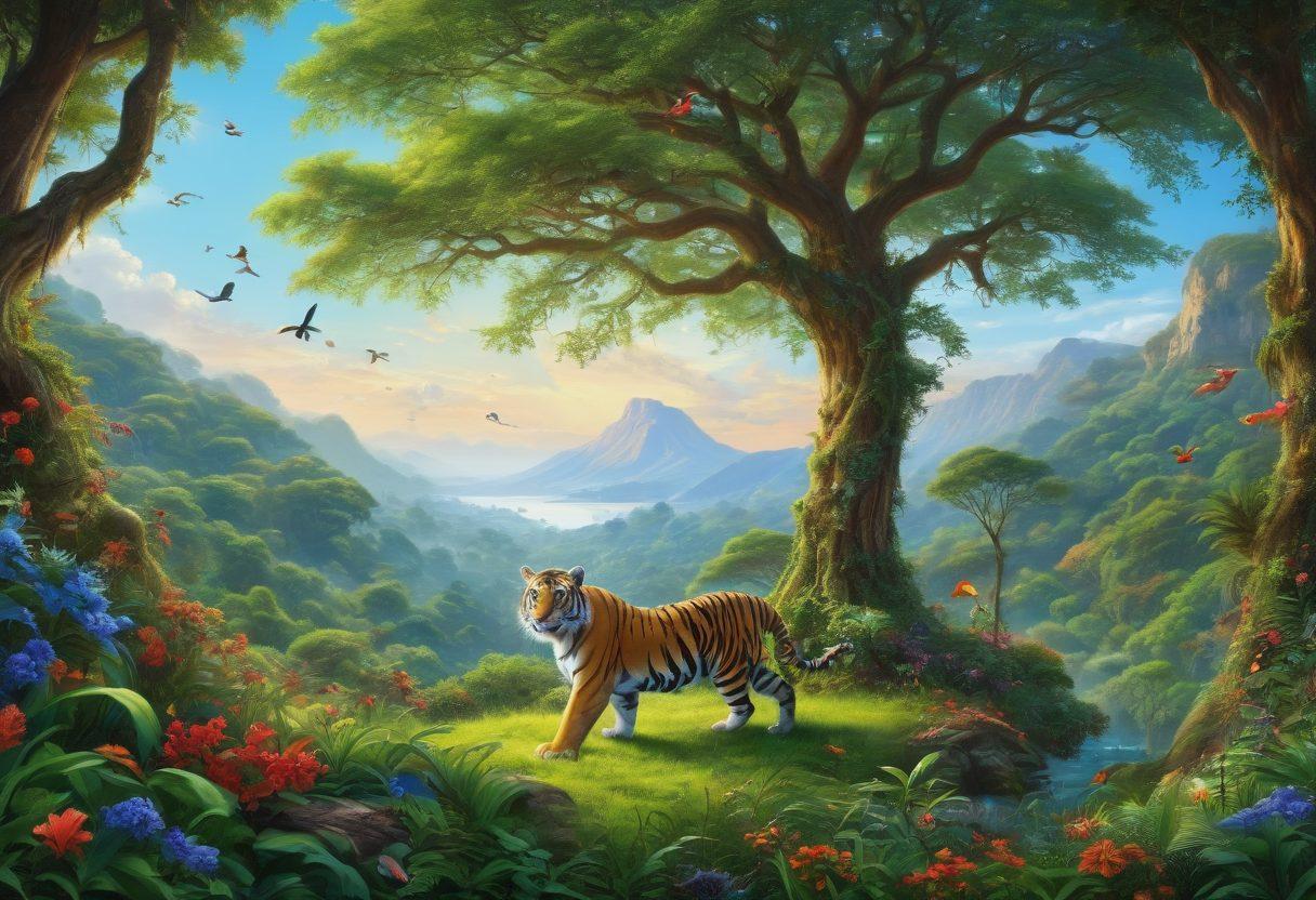 A vibrant, flourishing ecosystem showcasing various endangered species thriving in their natural habitat, interspersed with conservation efforts like tree planting and habitat restoration. The sky is bright blue with a radiant sun, and various shades of green dominate the landscape, highlighting the beauty of biodiversity. Include visual elements like wildlife, plants, and a symbol of conservation, such as a globe or hands nurturing the earth. super-realistic. vibrant colors. lush background.