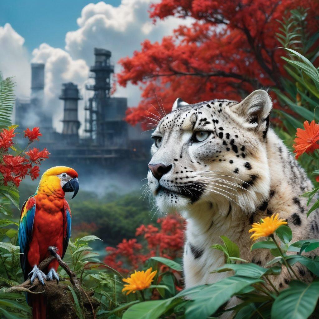 A powerful scene depicting a diverse range of endangered species from the IUCN Red List, surrounded by vibrant flora, symbolizing biodiversity. In the background, a stark contrast of industrial pollution encroaching on a lush ecosystem. Include visual elements representing conservation efforts, such as people planting trees or cleaning up the environment. Convey a sense of urgency and hope. super-realistic. vibrant colors. nature-focused.